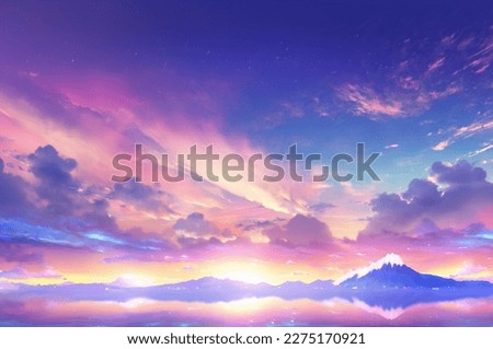 Beautiful Landscape Background Sky Clouds Sunset Oil Painting View Wallpaper Landscape Light Colours Purple Anime style Magic and Colorful Photo stock © 