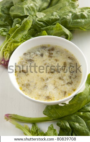 Traditional bulgarian spinach soup made of fresh spinach leaves and rice