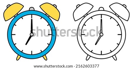Old alarm clock. Coloring book page for children. Colored and outline alarm clock vector illustration isolated on white background.