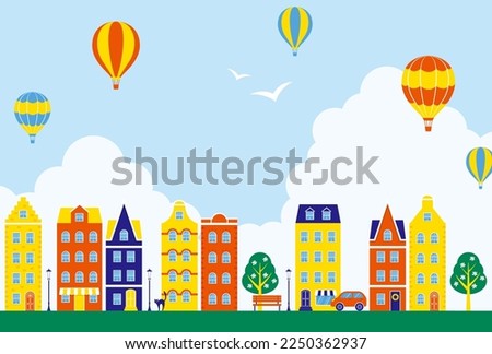 vector background with city landscape with colorful houses and flying hot air balloons in the sky for banners, cards, flyers, social media wallpapers, etc.