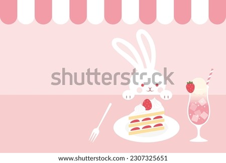 vector background with a rabbit, a strawberry shortcake and milkshake at a cafe for banners, cards, flyers, social media wallpapers, etc.