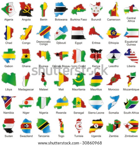 vector editable isolated african flags in map shape with details