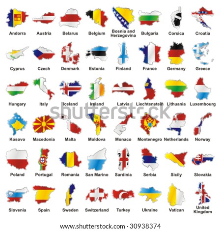 vector editable isolated european flags in map shape with details