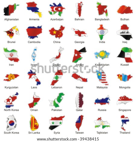 vector editable isolated asian flags in map shape with details