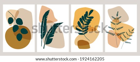 Botanical wall art vector set. Artistic drawing of the foliage line with an abstract shape of different colors. Plant art design for printing, cover art, wallpaper, minimalistic and natural art, cards