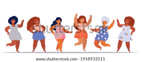 Happy fat women dance. A plus-size female with excess weight. Vector illustration. All bodies are beautiful Body positive. Girls in summer dresses relax.