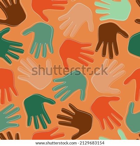 Seamless pattern with multicolored palms of hands. The concept of equality, unity, friendship between people. Vector graphics.
