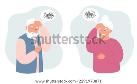 An elderly man and women suffers from migraine, confusion, memory loss, dementia. Mental age-related diseases. Vector flat graphics.