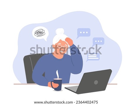 An elderly woman sits at a laptop, freelancing, studying, communicating. The old lady has problems, difficulties, stress with working online. Vector flat graphics.