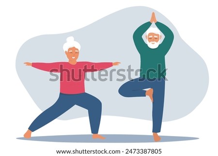 An elderly couple is doing exercises. Old man and old woman doing yoga. Vector graphics.