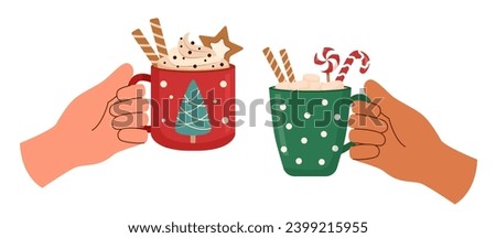 Human hands with Christmas drinks isolated on white background. Christmas concept.	