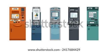 Set of ATM machines isolated on white background. Cash machine. Banking technology.