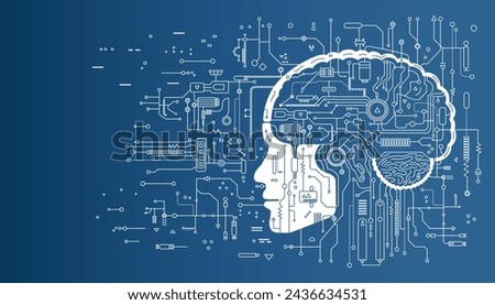 Concept of Artificial Intelligence AI and Big Data. Electronic digital brain, circuit board and human head outline in flat style on a blue background.