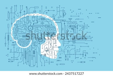 Concept of Artificial Intelligence AI and Big Data. Electronic digital brain, circuit board and human head outline in flat style on a blue background.
