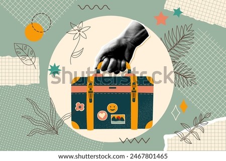 Card in vintage new nostalgia collage style. Travel concept. Paper halftone hand holding suitcase. Retro vector pop art design.