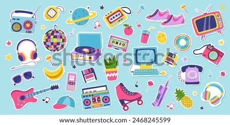 90s retro elements stickers set. Concept of 90s. Stickers isolated. Y2K, 2000s, 80s retro elements set.