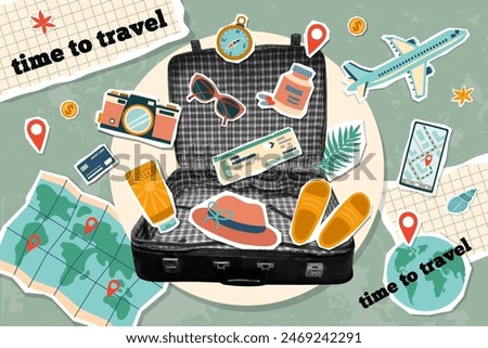 Banner in vintage new nostalgia collage style. Travel concept. Paper halftone suitcase with accessories for travel. Retro vector pop art design.