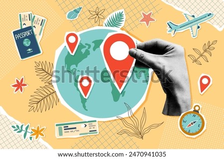 Banner in vintage new nostalgia collage style. Travel destinations concept. Paper halftone hands holding map. Retro vector pop art design.