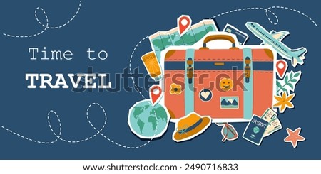 Travel collage. Summer vacation banner. Summer and travel concept. Travel banner with stickers. Summer travel destinations.