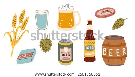 Set of beer and beer ingredients isolated on white background. Oktoberfest concept. Beer festival concept. Beer brewing concept.