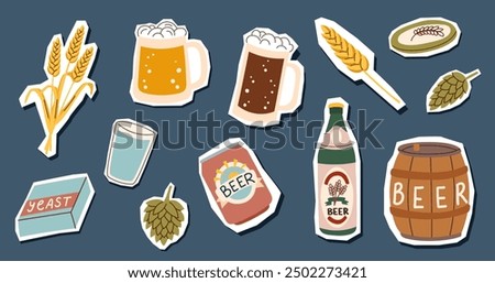 Set of stickers of beer ingredients isolated on blue background. Oktoberfest concept. Beer festival concept. Beer brewing concept.