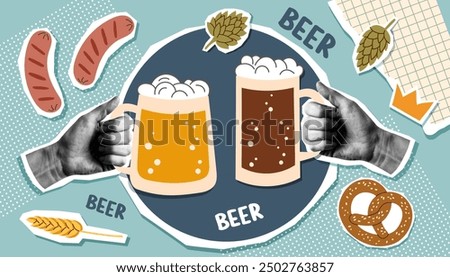 Beer festival collage in pop art style. Oktoberfest concept. Trendy vector illustration.