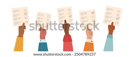 Vote ballots in human hands. Election campaign. Democracy vote. Vote politics. Voting concept. Human hands raised up with vote ballots.