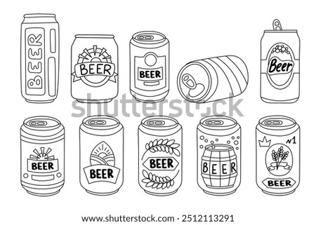 Set of beer cans in doodle style on white background. Oktoberfest concept. Beer festival concept. Drinks concept.