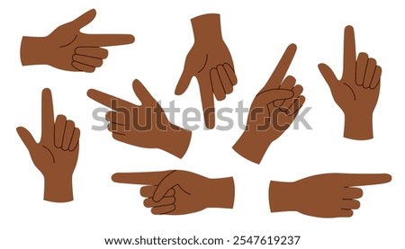 Set of black skin tone hands with pointing finger isolated on white background.