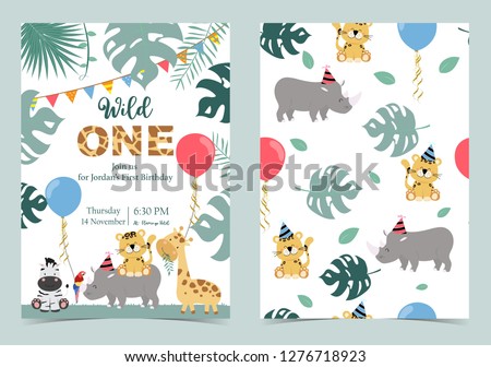Green birthday card with rhino,tiger,zebra and balloon