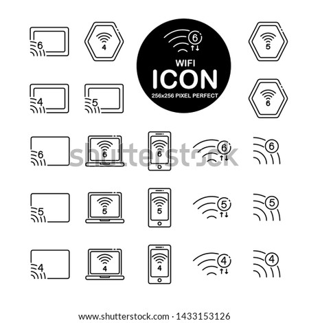 Set of line icon about wifi 4,wifi 5,wifi 6 technology.Editable vector stroke.265x265 Pixel Perfect