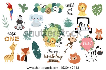 Safari object set with fox,giraffe,zebra,lion,leaves,elephant. illustration for sticker,postcard,birthday invitation.Editable element