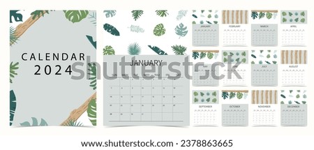 2024 table calendar week start on Sunday with leaf, safari that use for vertical digital and printable A4 A5 size
