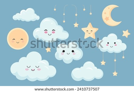 Baby shower object for boy with balloon, cloud,sky, blue,star