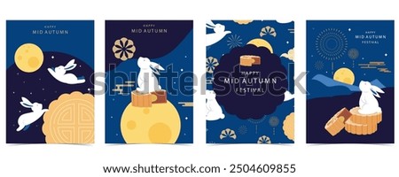 mid-autumn festival background with rabbit,mooncake,moon .vector for a4 vertical design