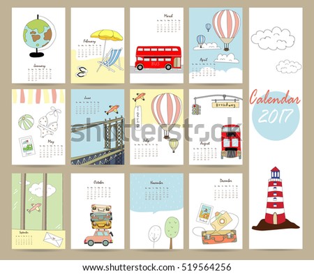 Colorful cute monthly calendar 2017 with bus,airplane,balloon,camera on summer travel vacation.Can be used for web,banner,poster,label and printable