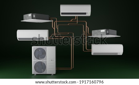 multi-system air conditioner one outdoor unit and several Cassette Air Conditioner indoor units. 3D render