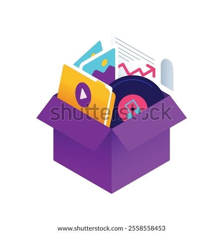 An isometric vector illustration of a purple box filled with digital media icons: photos, graphs, video files, and music, symbolizing multimedia storage and content creation.