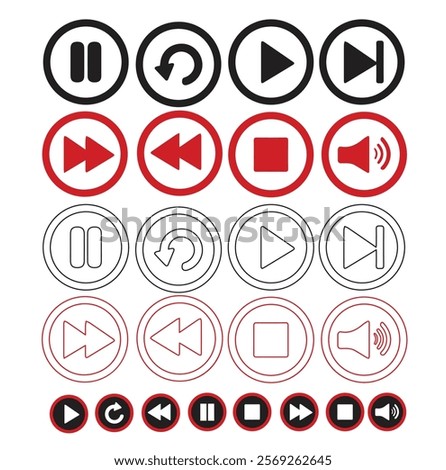 Set of media control icons in black, red, and white. Includes play, pause, stop, forward, rewind, volume, and repeat buttons. Perfect for multimedia and UI design projects.