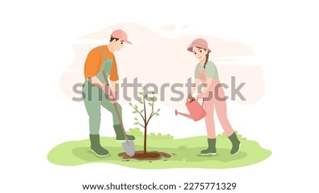 Man and woman planting trees in garden or park. Two people working together to improve the environment. The boy is working with a shovel, and the girl is watering a tree sapling. Vector illustration.
