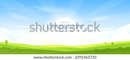 Vector illustration. Summer sunny landscape. Green fields, meadows, hills are covered with grass and flowers. Bright blue sky and clouds. Design for banner, invitation, card, website in flat style.