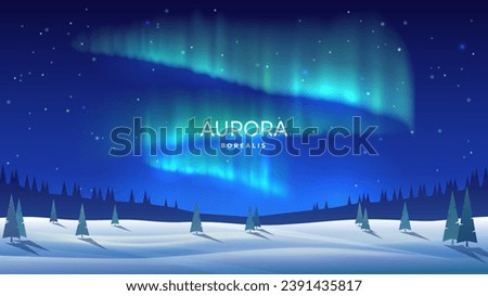 Beautiful arctic aurora in the night sky. Bright aurora borealis. Winter landscape in the northern regions. Snowy valley. Spruce trees in snowdrifts. Vector image. Design background, banner, postcard.