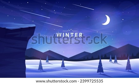 Winter landscape. Fir trees in snowdrifts. Night sky, stars and moon. A cliff in the foreground. Silhouettes of mountain ranges. Design for background, cover, banner, postcard. Vector image.