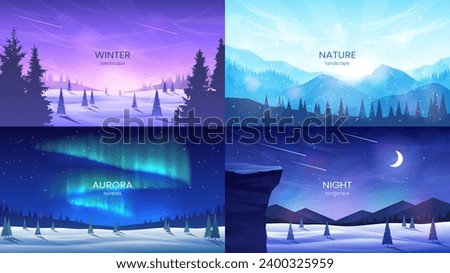 Collection of mountain landscapes. Mountains and forest, fir trees in snowdrifts, aurora borealis over the valley, night sky. Winter landscapes. Tourism, hiking, winter vacation. Vector illustration.