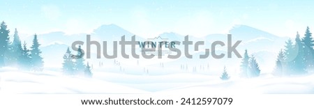 Image, Stock Photo Winter forest covered with snow, colored ribbons are tied on tree trunks, sacred ritual ribbons used as offerings to spirits, Buddhism