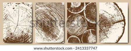 Set of vector posters in grunge style. Cross-sections of a tree. Ring pattern, layers of growth. Background design for cover, menu, invitation, postcard.