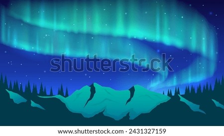 Northern lights over the mountains. A bright glow in the night sky. Aurora borealis. Illuminated mountain rocks and peaks. Vector illustration.