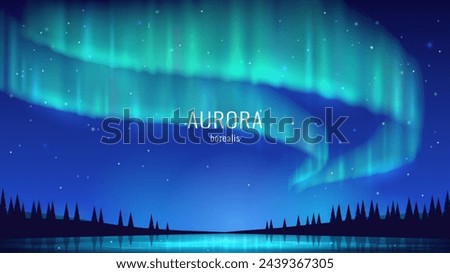 The aurora borealis over the lake. Bright glow in the night sky. Realistic view of the northern lights reflected in the water. Vector illustration.