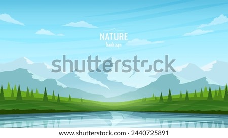 A beautiful summer landscape. Green meadows, hills, trees near a scenic lake. Mountains against the blue sky. A warm sunny day. Vector image.