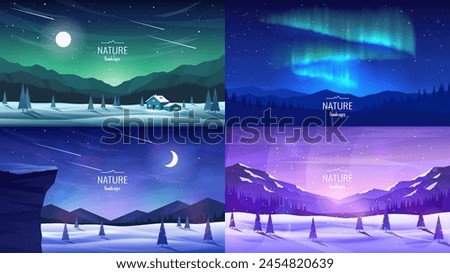 Winter mountain landscapes. Mountains and forest, trees in snow drifts, aurora borealis, a house near the mountains, a snowy valley. Drawings for poster, background or cover. Vector illustrations. 